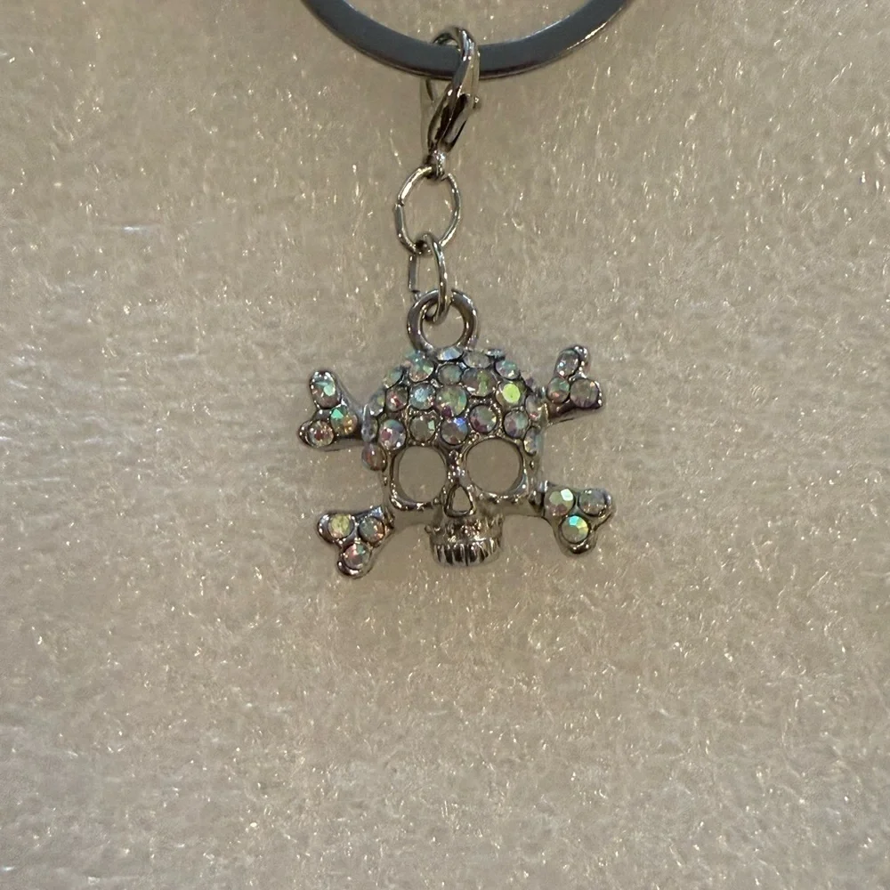 Silver Braided Skull & Pearl Keychain - Rhinestone Punk Glam Purse Charm - New